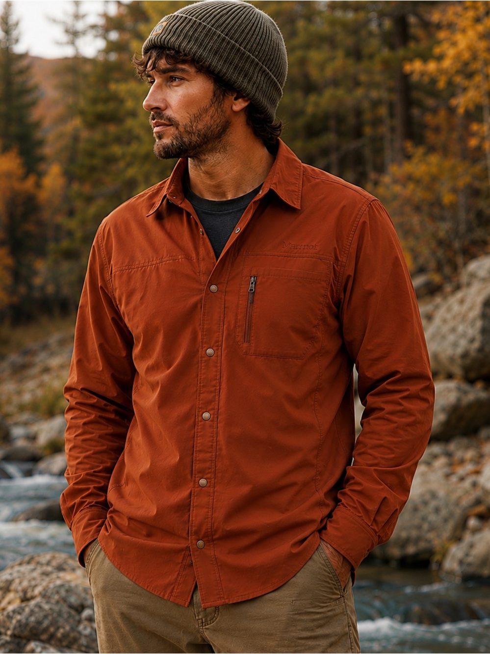 Marmot Men’s M3 Softshell Button-Up Shirt Rust Orange Long Sleeve Outdoor Hiking